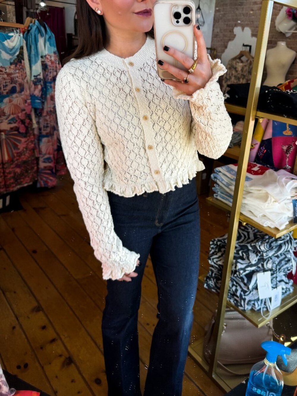 Eyelet Knit Ruffle Hem Cardigan